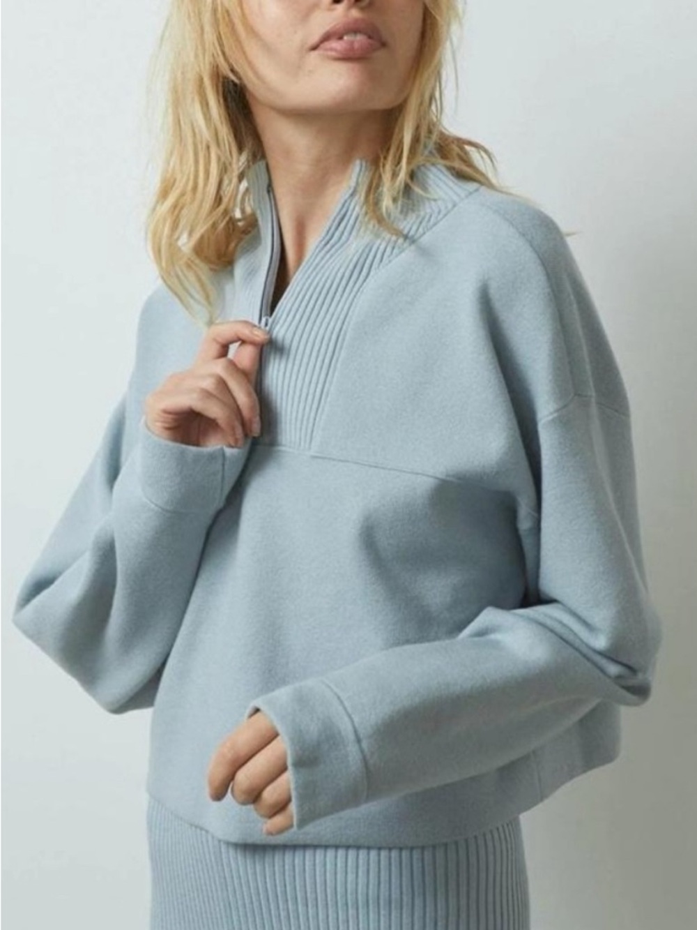 Lunya Cozy Cotton Silk Zip Pullover Cropped Sweater in Chilled Blue